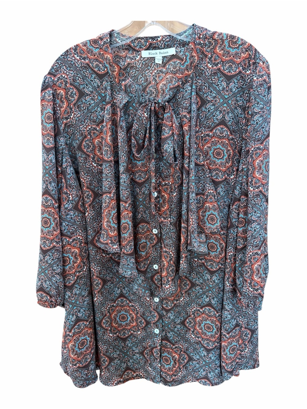 Black Rainn | Blue and Brown Paisley Tie-Neck Blouse